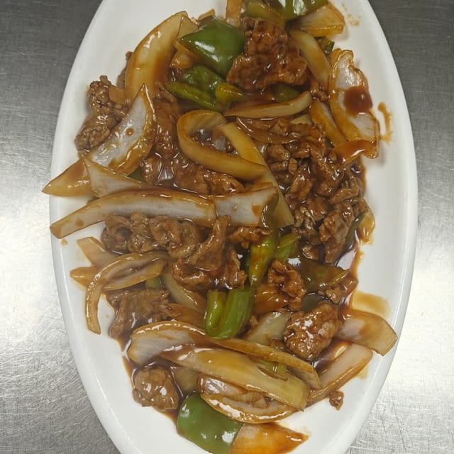 Beef with Green Peppers and Onions.